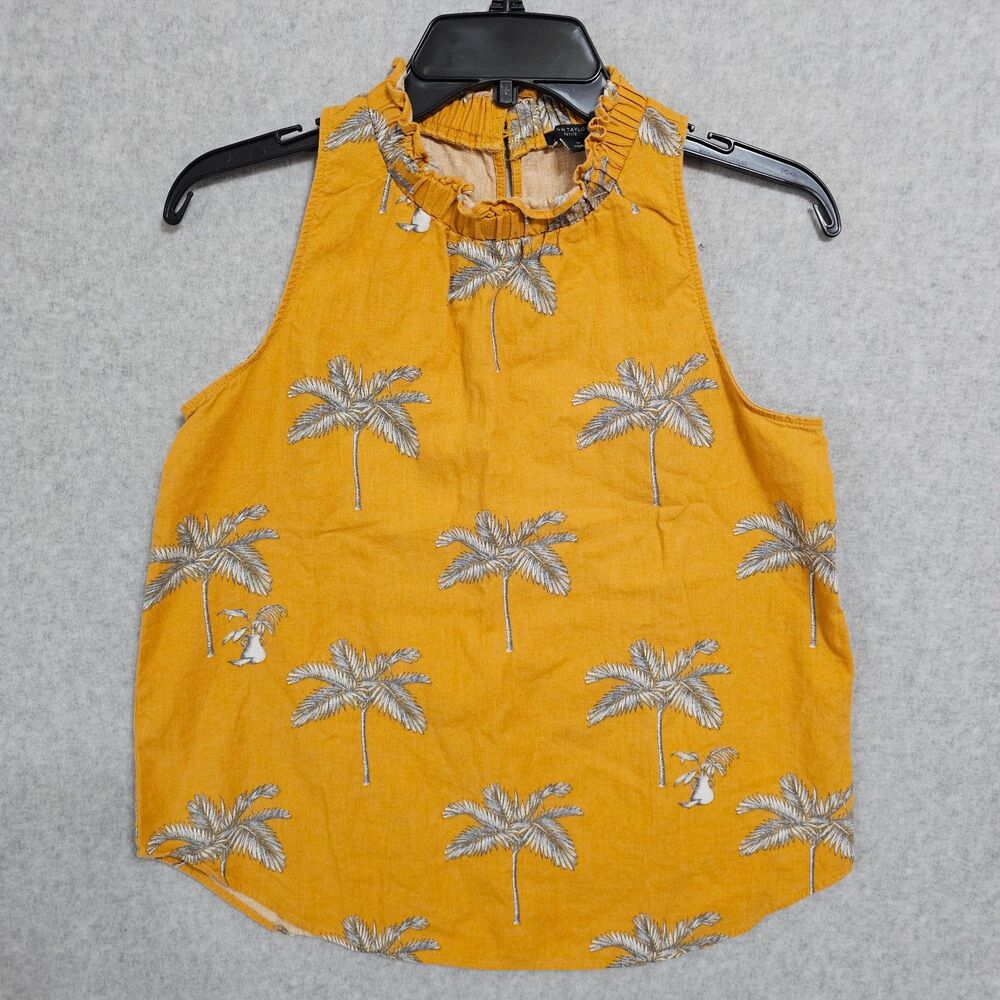 Ann Taylor Top Gold Palm Tree Sleeveless Ruffle Collar Womens Petite Size SP